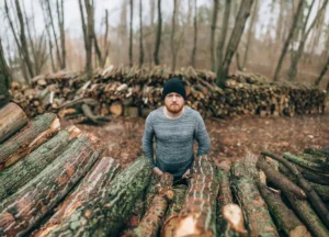 Un homme devant des bois de chauffage en 2 mètres