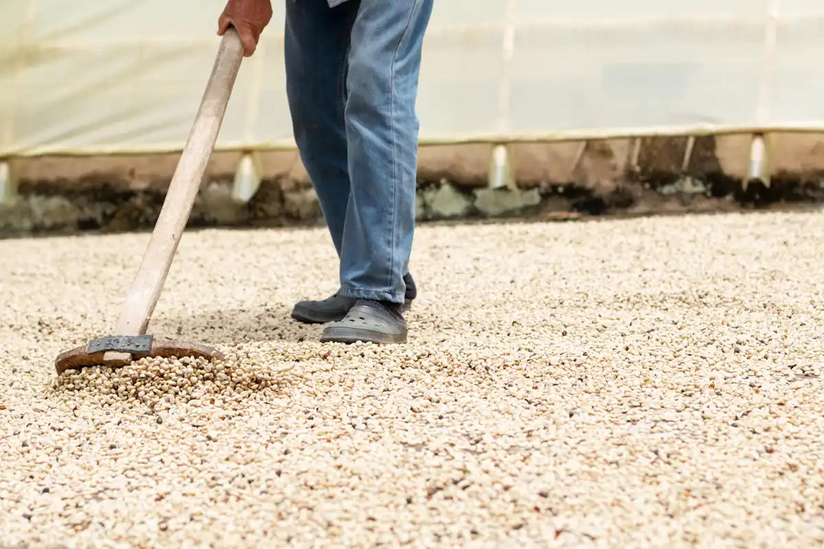 Un homme qui met du gravier stabilisé sur le sol de son parking extérieur