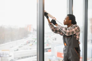 Un reparateur baie vitree en plein travail