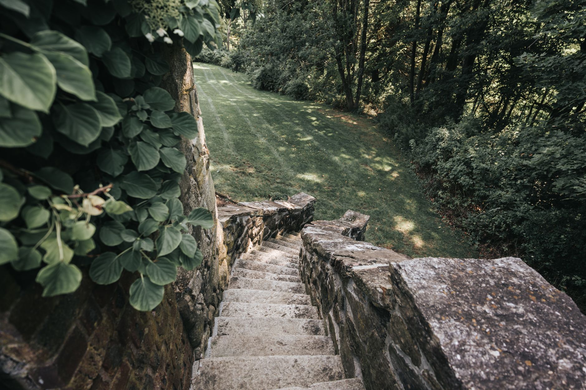 Escalier en pierre naturelle dans un jardin en pente avec végétation